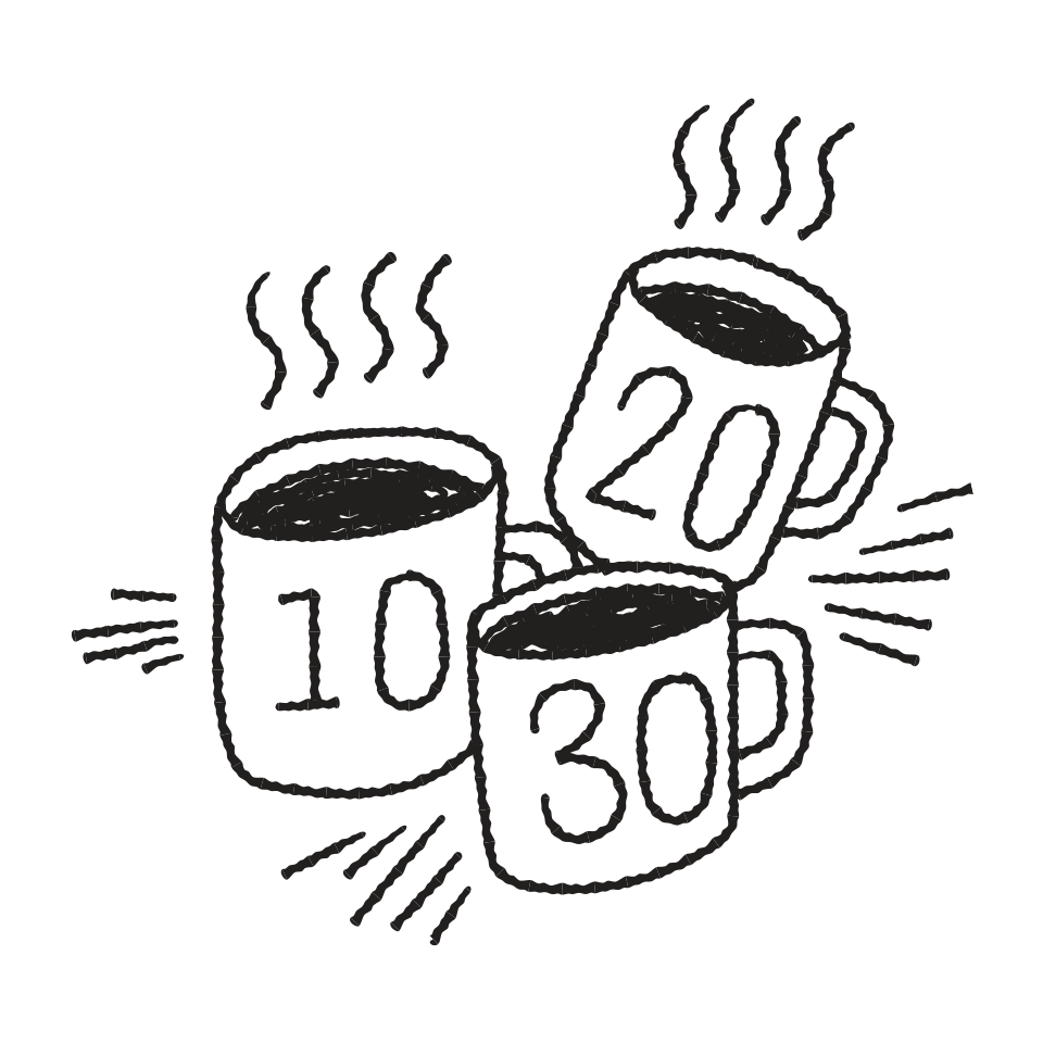 Three steaming mugs numbered 10, 20 and 30