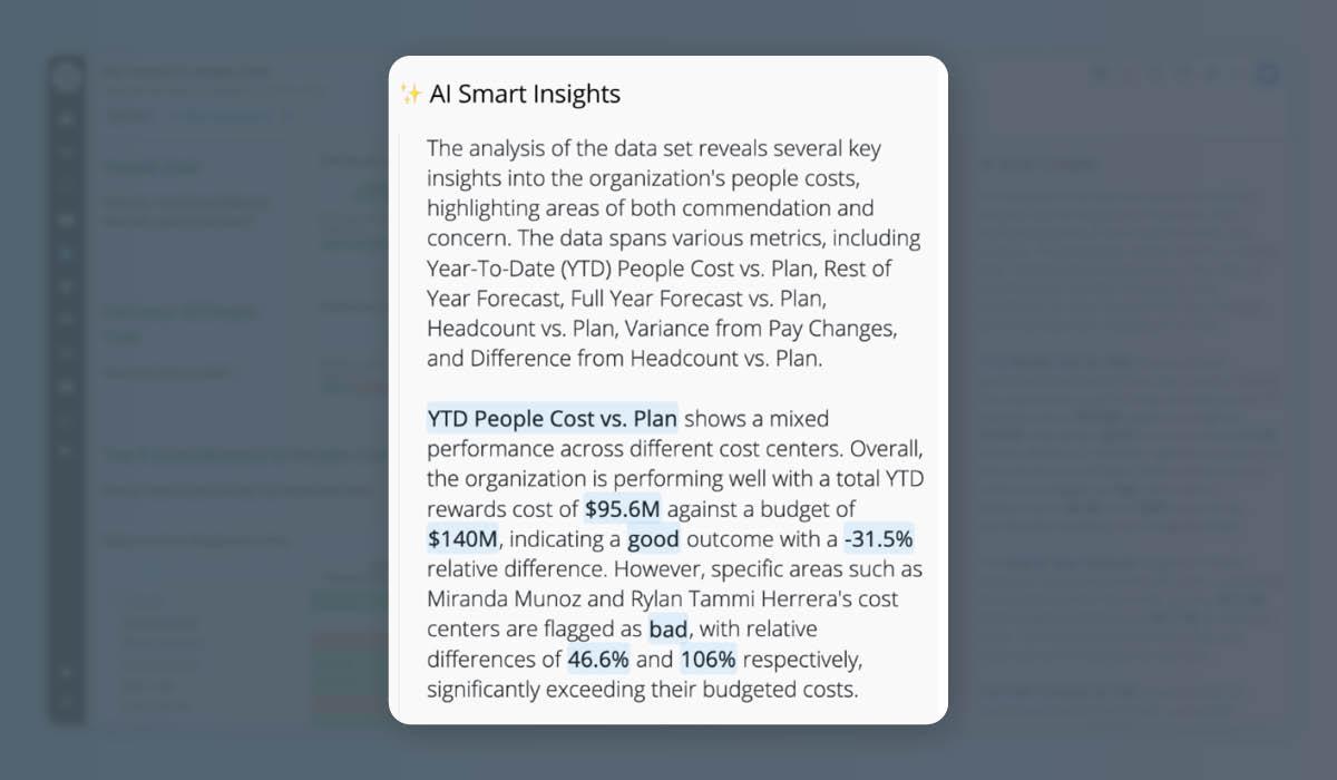 The AI Smart Insights pane on Vee Boards helps executive readers find the big-picture stories in the data.