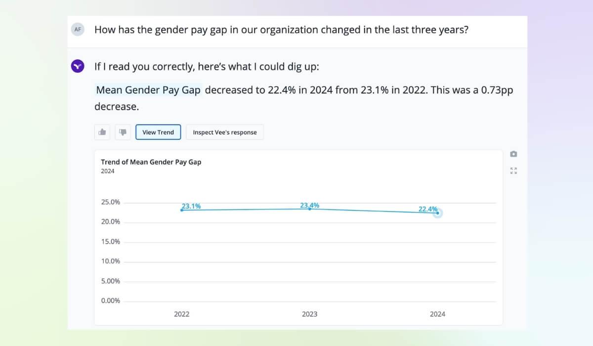 Vee answers questions like "How has the gender pay gap in our organization changed in the last three years?"