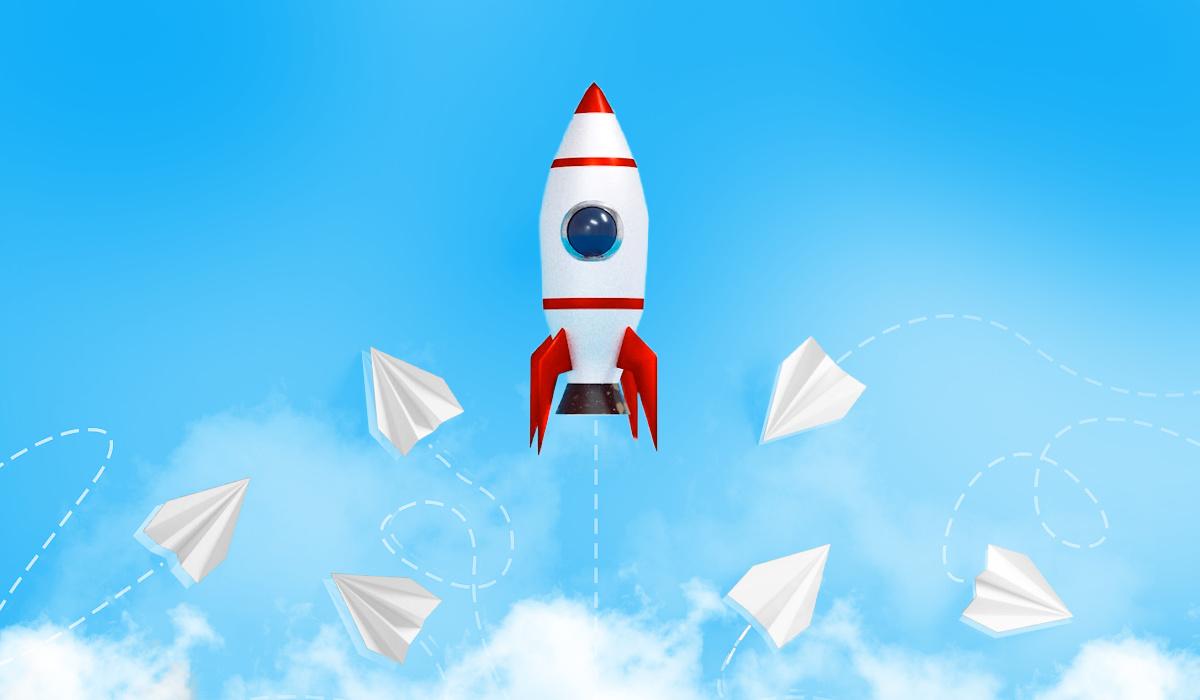 A rocket soars straight up amid a bunch of circling, lost paper airplanes to demonstrate the concept of manager effectivness